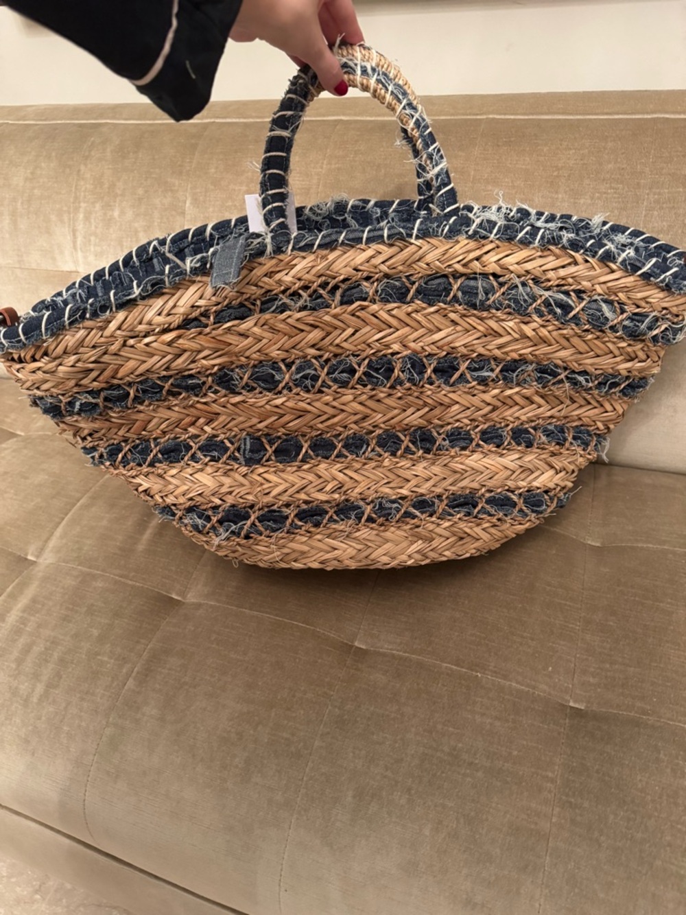 Woven Straw Tote with Navy Trim - Women's Beach Shopper